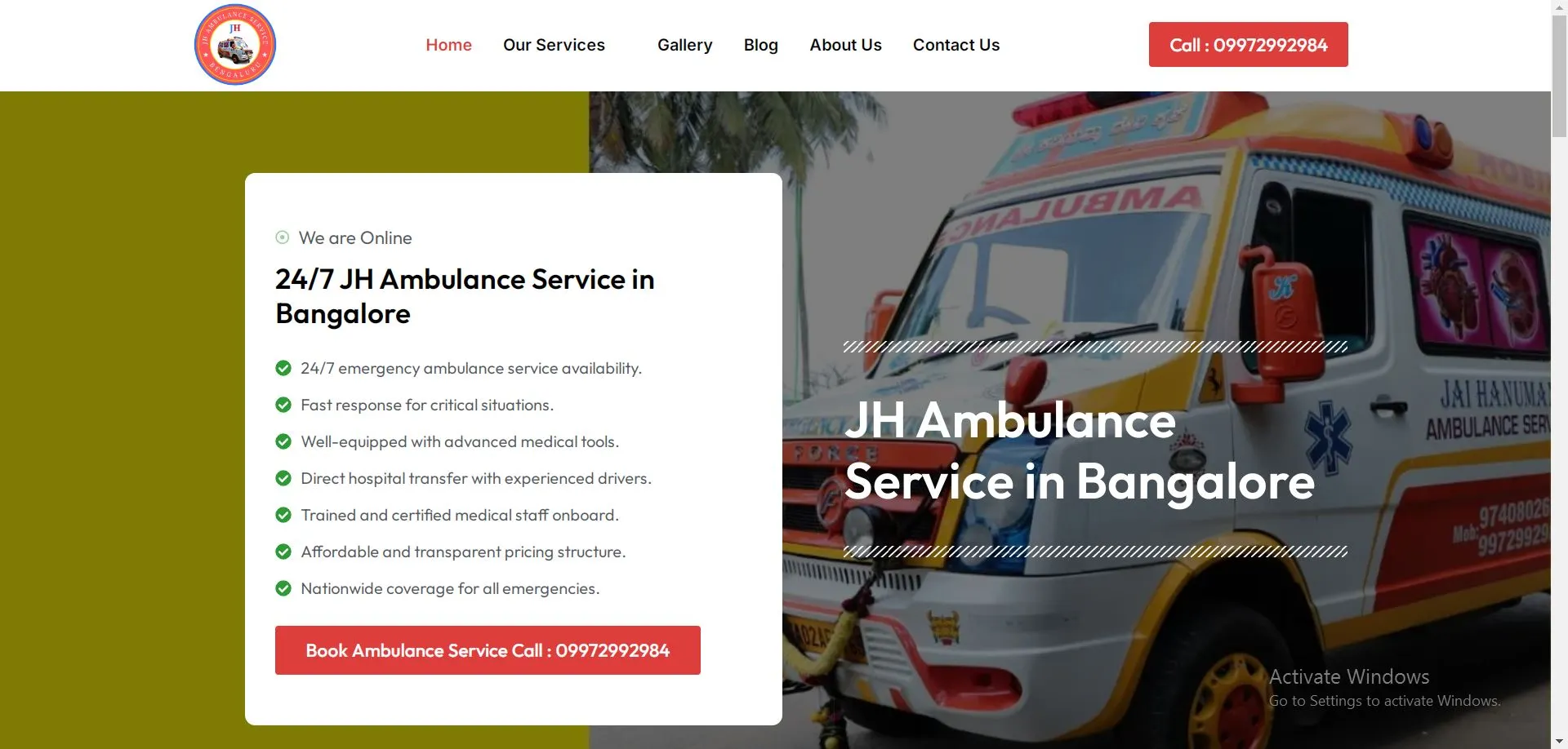 Jai Hanuman Ambulance service bangalore website developed by webinfonix bangalore