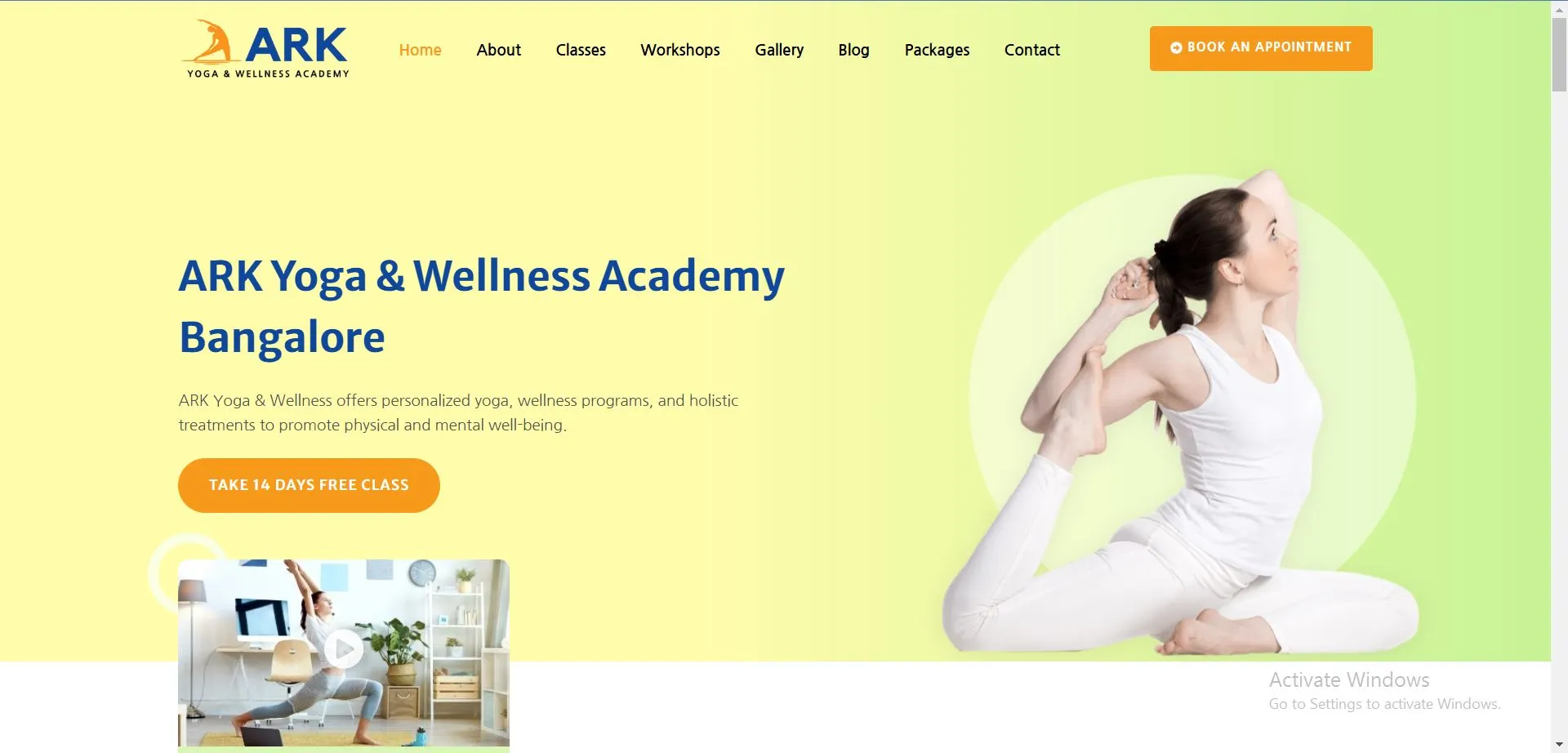 ARK Yoga and Wellness Academy Bangalore Website developed by Yaseen Pasha Software Engineer Bangalore