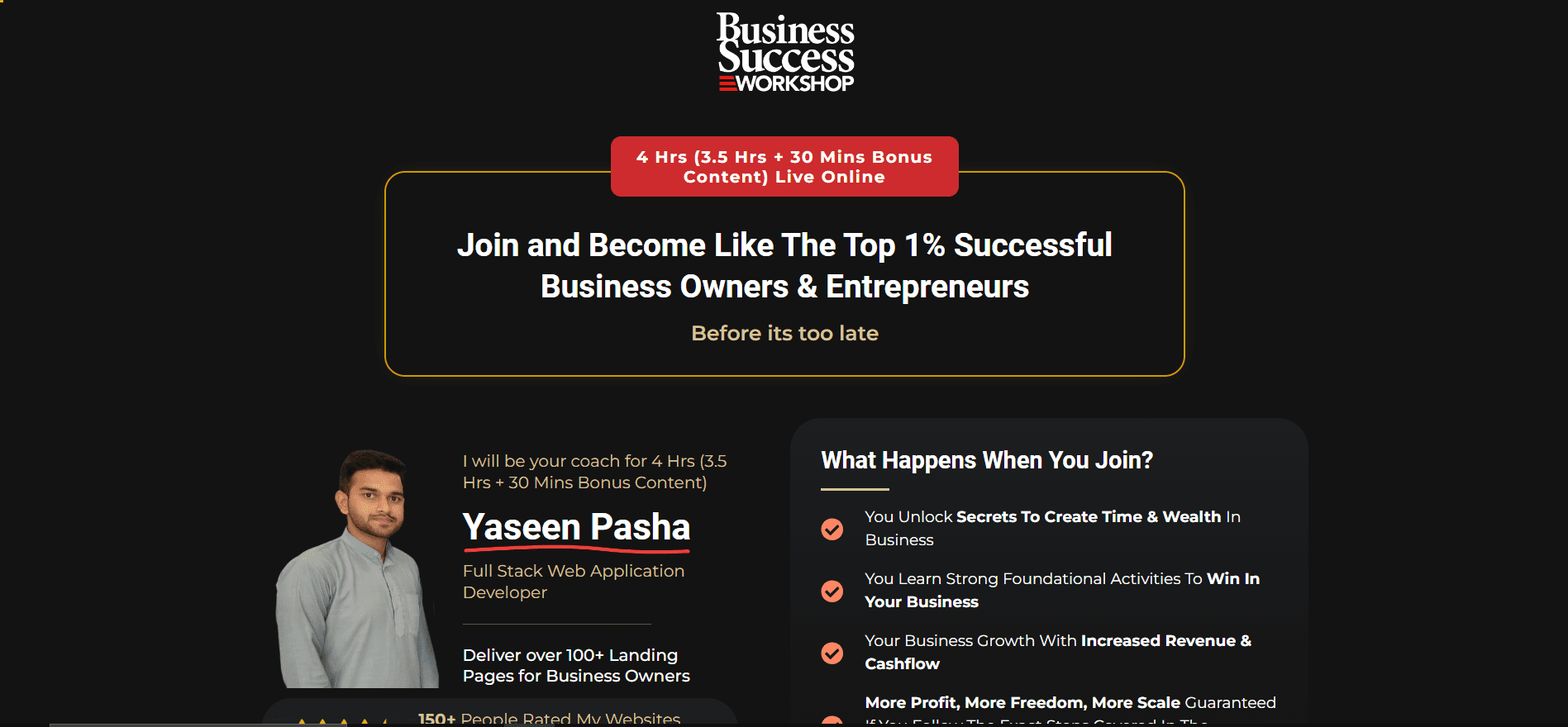 Yaseen Pasha Landing page, Yaseen Pasha Workshop